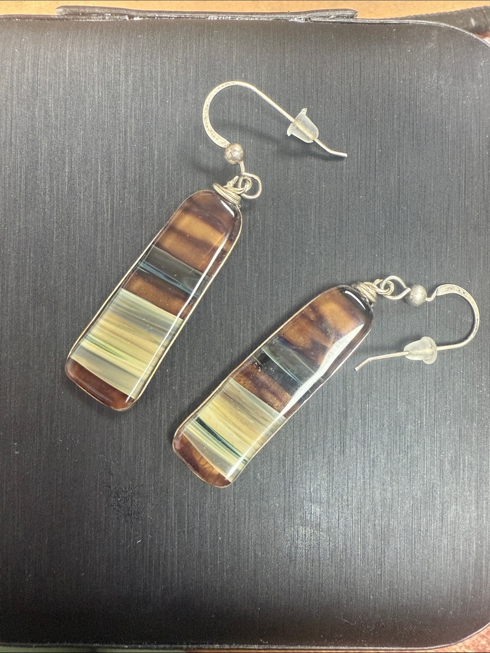 Handcrafted Brown & Tan Striped Glass Dangle Earrings